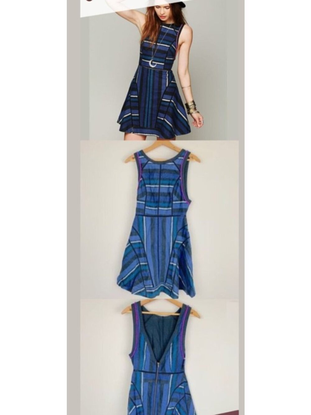 "Free People New Romantics Beaded Striped Mini Dress Size 6 Blue Black Boho Fit